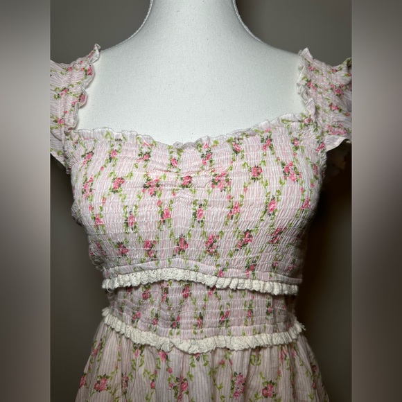 Pink Floral cotton stripe Print Prairie flutter sleeve Dress sweet girlie cute M - Picture 8 of 10